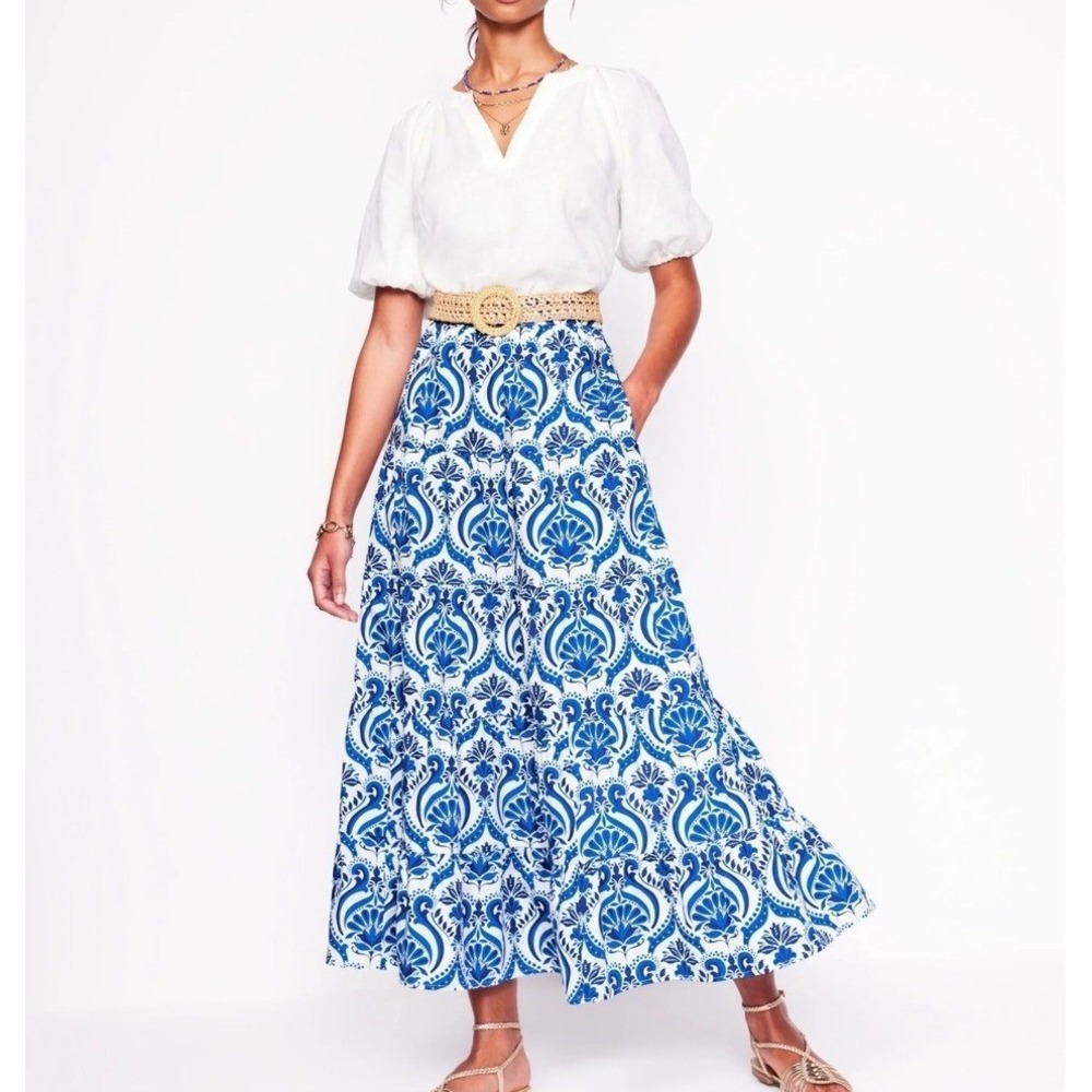 Boden Nadia Poplin Maxi Skirt Blue White Size 12 Regular New With Tags